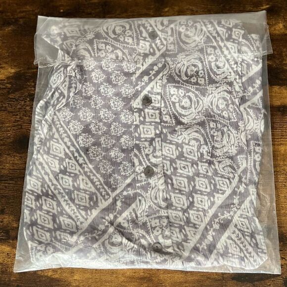 Raga Man Steven Button Down SS, Boho Style Shirt, Gray and Cream. Large. NWT! - Picture 5 of 7